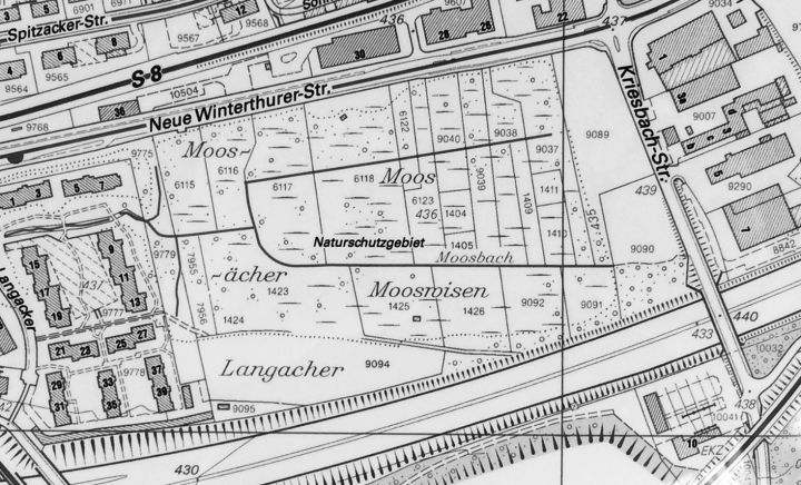 Seit 1900 gingen 82% der Moorflächen in der Schweiz verloren: Ein Ausschnitt aus dem aktuellen Stadtplan von Wallisellen mit dem Schutzgebiet Moos Schönenhof im Zentrum. Bild: zVg.
