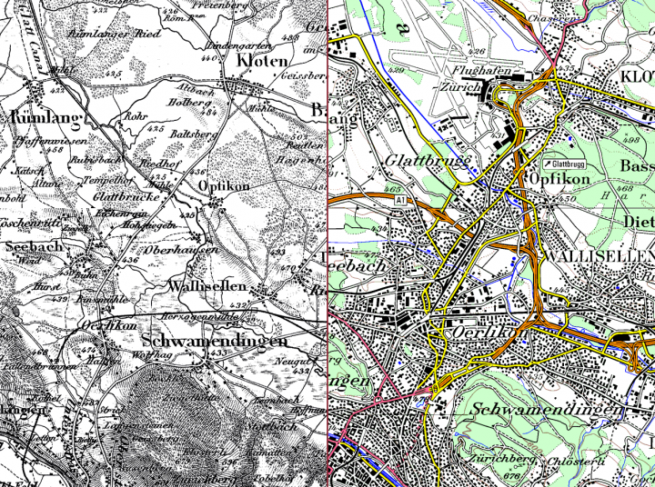 Zürich Nord im Spiegel der landschaftlichen Entwicklung über 150 Jahre hinweg: Ein Vergleich der Dufourkarte (links) mit der Landeskarte (rechts). Bild: Bundesamt für Landestopografie swisstopo.