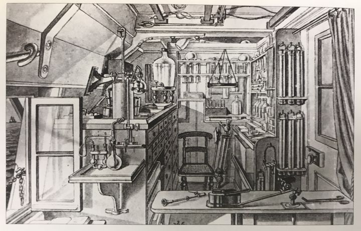 Wo einst die Kanonen des ehemaligen Kriegsschiffs standen: Das chemische Labor an Bord des Forschungsschiffs. Bild: Nach einer Vorlage von Jean Jacques Wild.