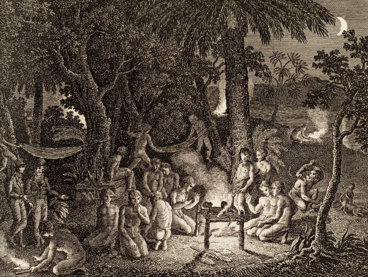 Das Affenmahl am Orinoco: Nach einem langen Tag auf dem Fluss wartet Humboldt zusammen mit seinem Begleiter (ganz links) auf die abendliche Ration an Fleisch—Klammeraffenschinken, einem «Leckerbissen dieser Welt». Bild: Gottlieb Schick.