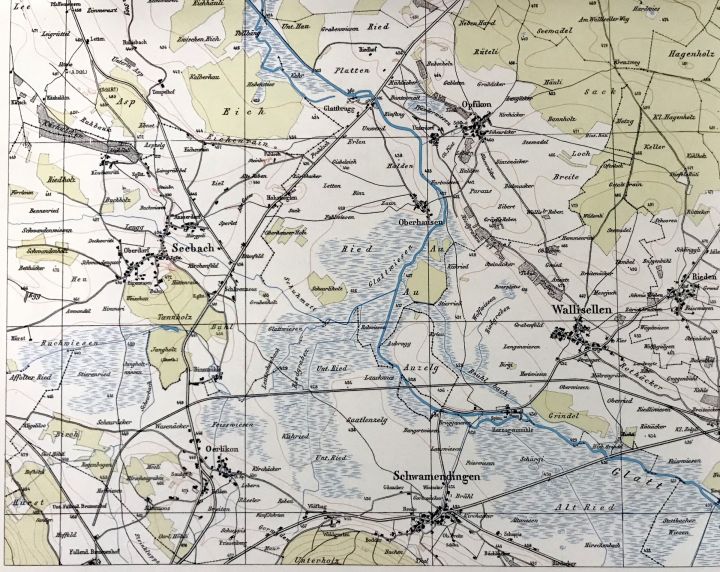 Züri Nord im Sumpf: Ausschnitt des Glatttals auf der Wildkarte aus dem Jahre 1854. Bild: Bundesamt für Landestopografie swisstopo.